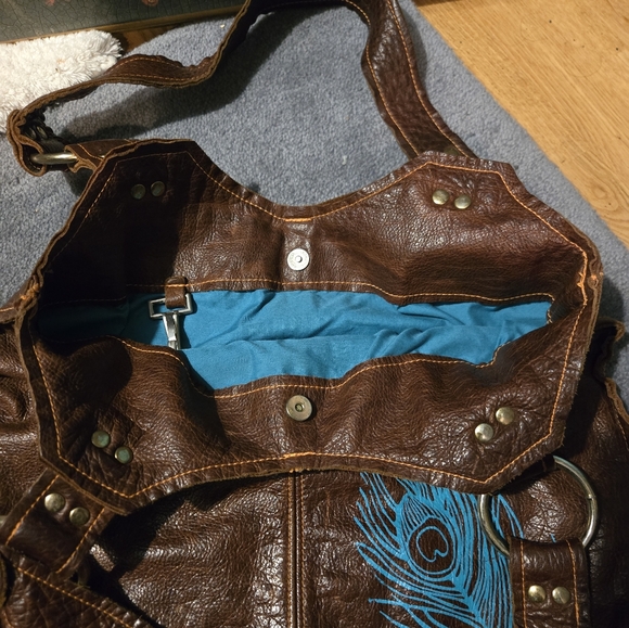 Brown Leather Tote with Blue Feather Design - Picture 2 of 3